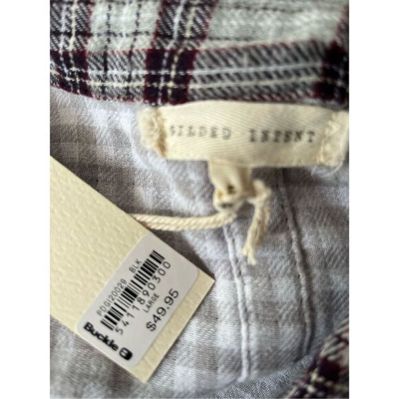 Gilded Intent Women’s L Frayed Flannel Shirt Plaid black, gray, burgundy NWT - Picture 10 of 13
